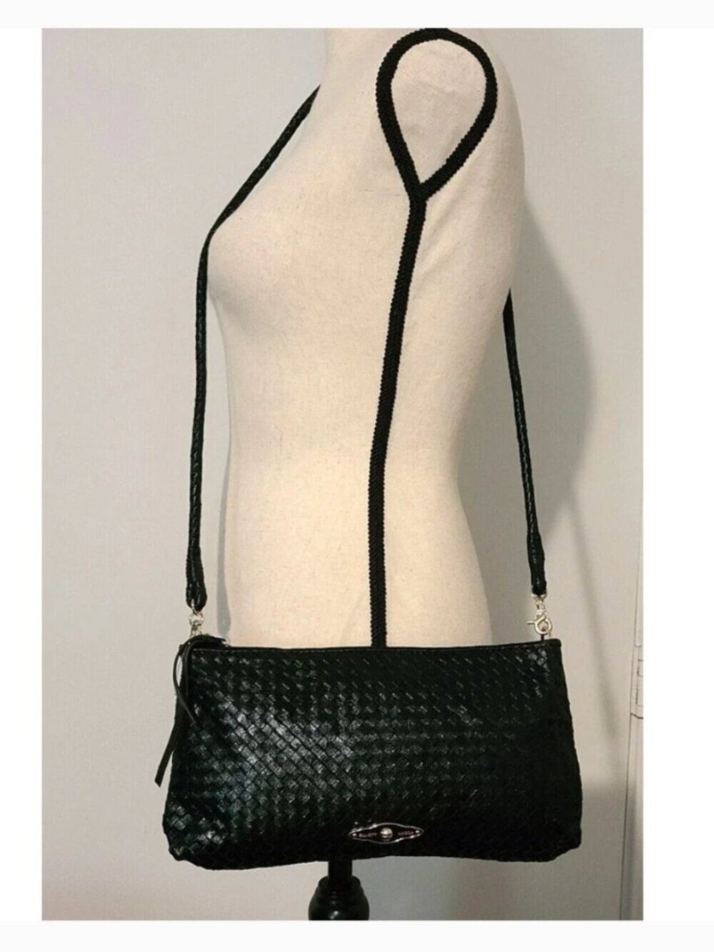 Elliott Lucca Black Leather Woven Shoulder Crossbody Bag